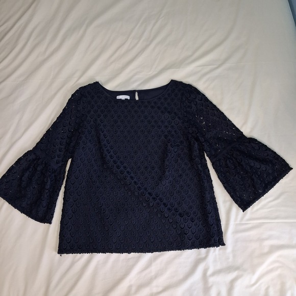 Talbots RSVP Size Large Lace Eyelet Bell Sleeve Navy Blue Popover Top Whimsical - Picture 12 of 13